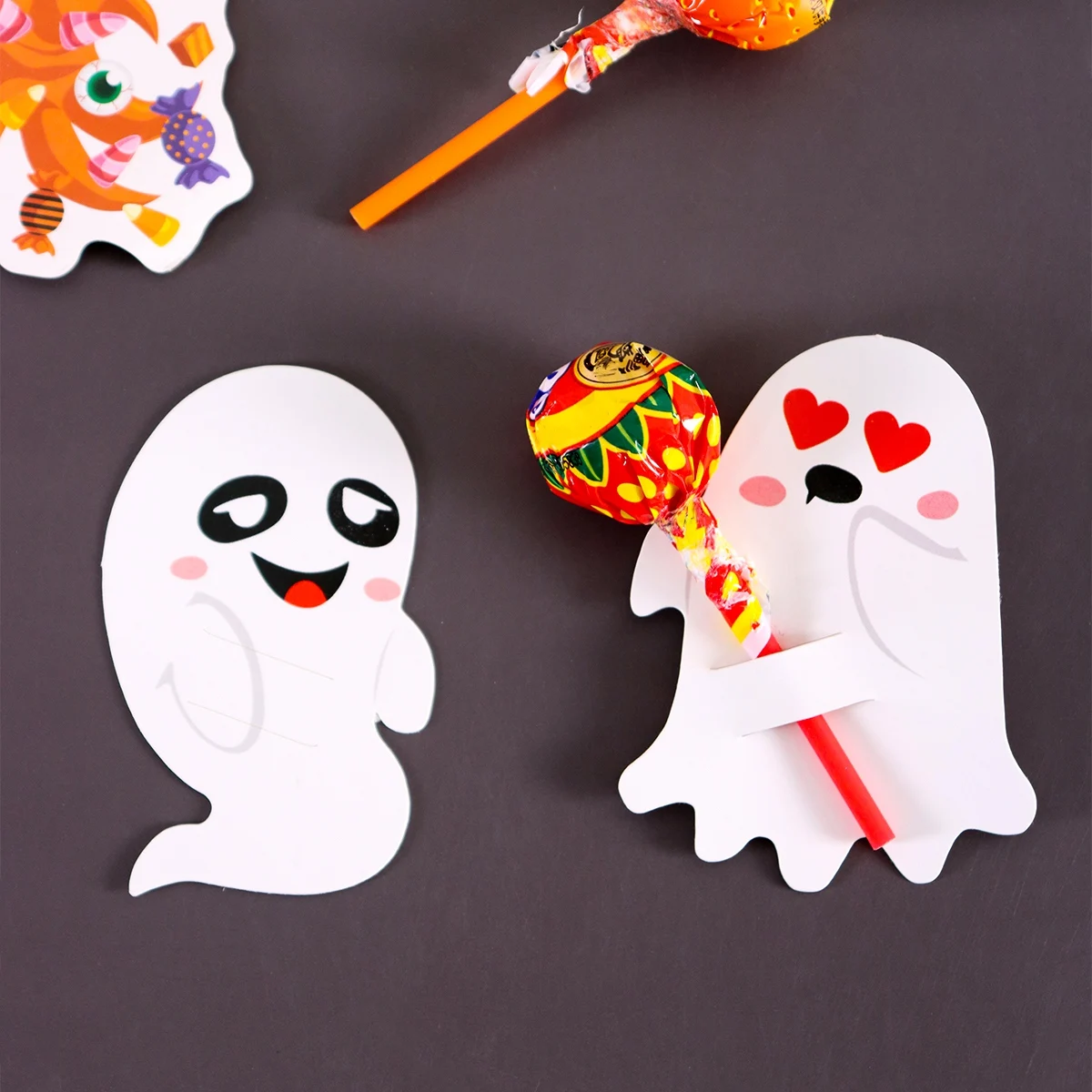 48 Stück Geister-Lutscherhalter, Happy Halloween Lutscher-Dekoration, Papierkarte, Trick or Treat Süßigkeiten-Set, Kinder-Halloween-Party – Detail 2
