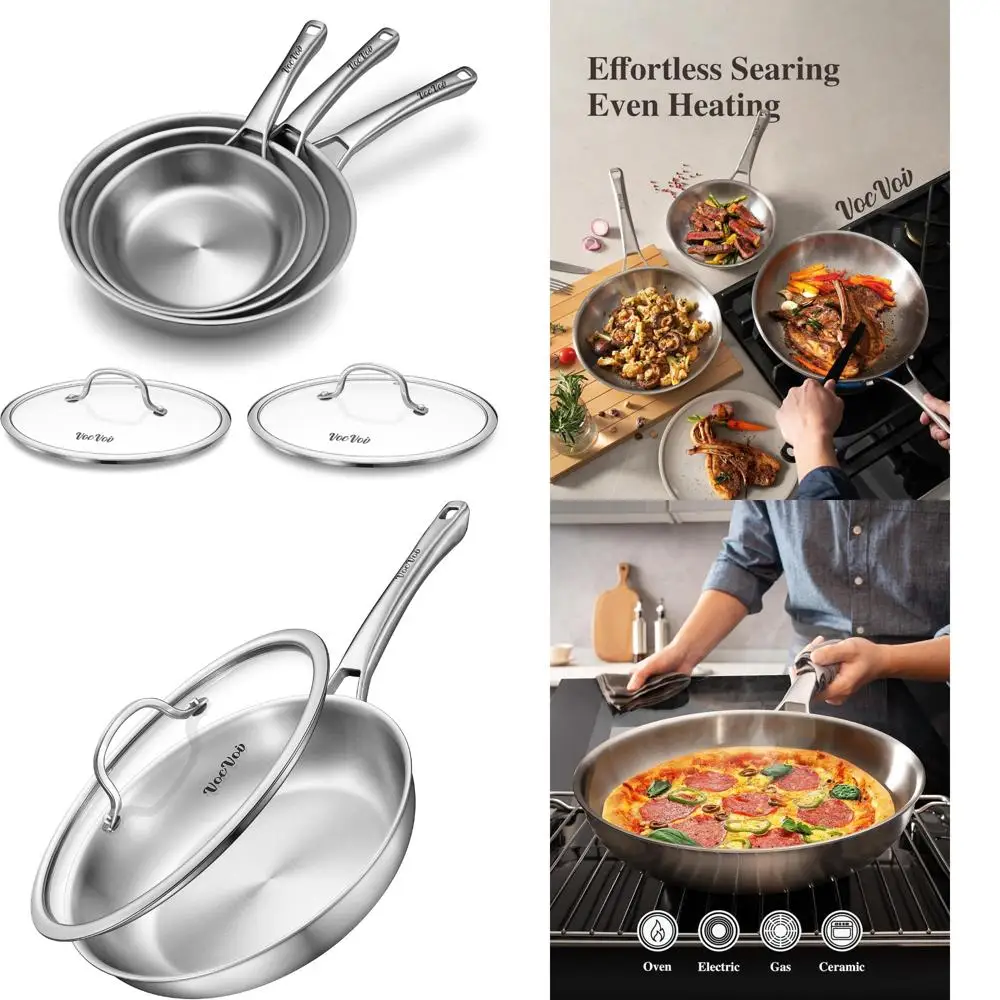 

Stainless Steel Frying Pans Set - Chef's Pan Collection, PFOA and PTFE Free, 8, 10, and 12 Inch Skillets for Cooking, Suitable f