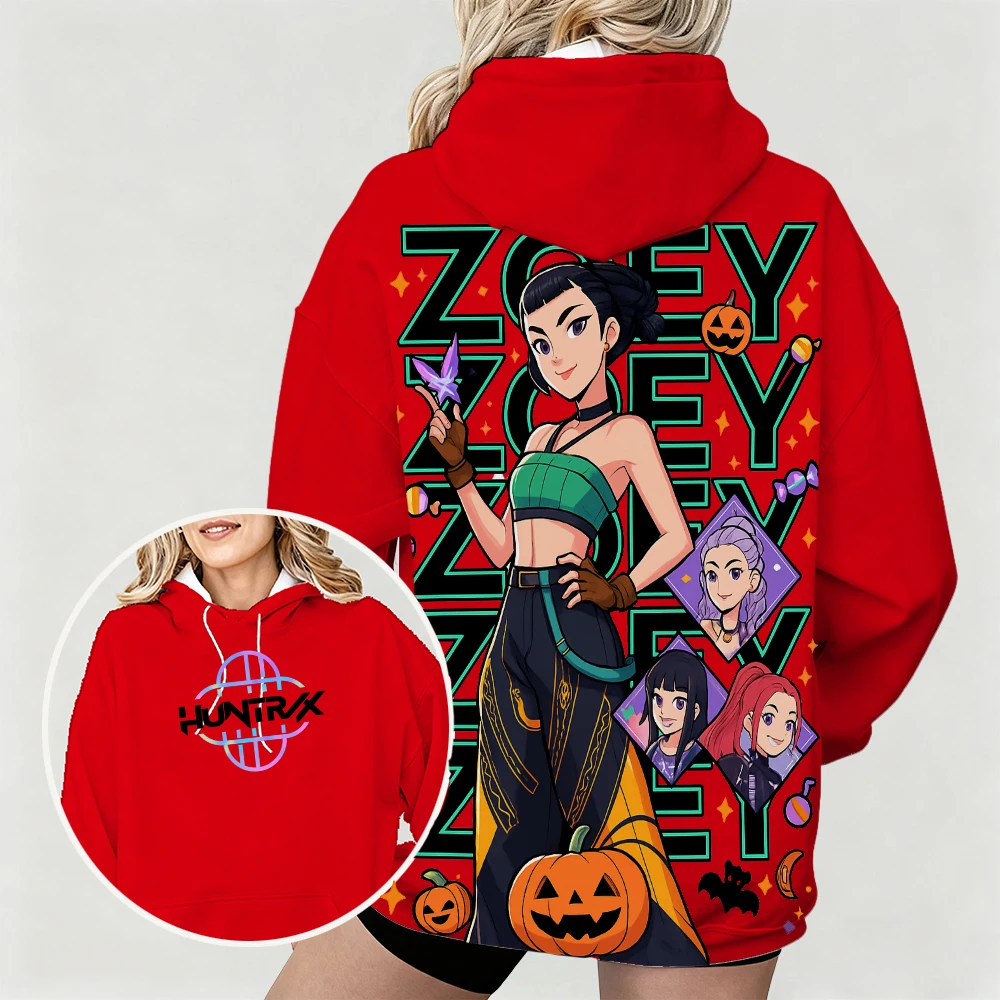 Sudadera con capucha para mujer con estampado de dibujos animados de KPop Demon Hunters Zoey, perfecta para estilo callejero, con diseño moderno temático de Halloween