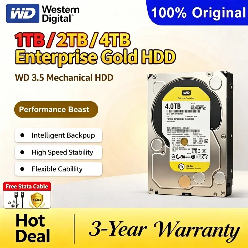 WD Gold Western Digital 1TB 2TB 4TB 3.5 Inch Enterprise Mechanical Hard Disk HDD For Desktop, Surveillance Monitoring And NAS