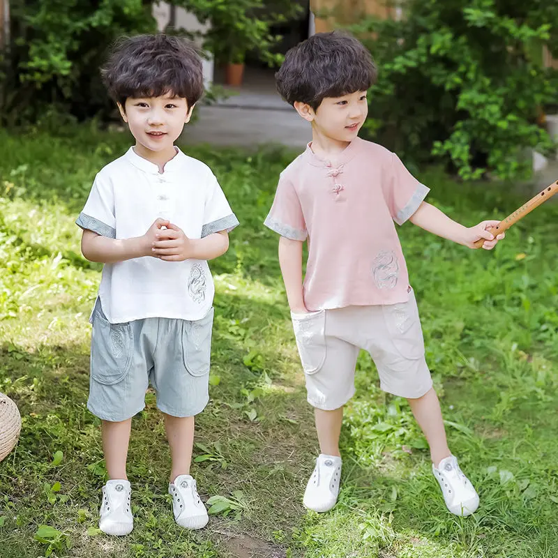 

2022 Chinese Kids Boys Clothes Boy Summer Clothing Sets Short Sleeves Tops Shirt+shorts Suits Children Clothing Hanfu