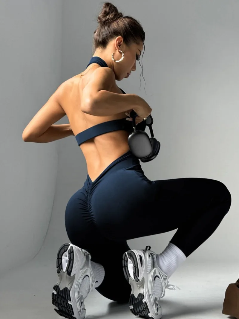 

Sexy Halter Backless Sports Jumpsuits for Women Off Shoulder Sleeveless Fitness Gym Bodysuit Female Solid Tight Yoga Overalls