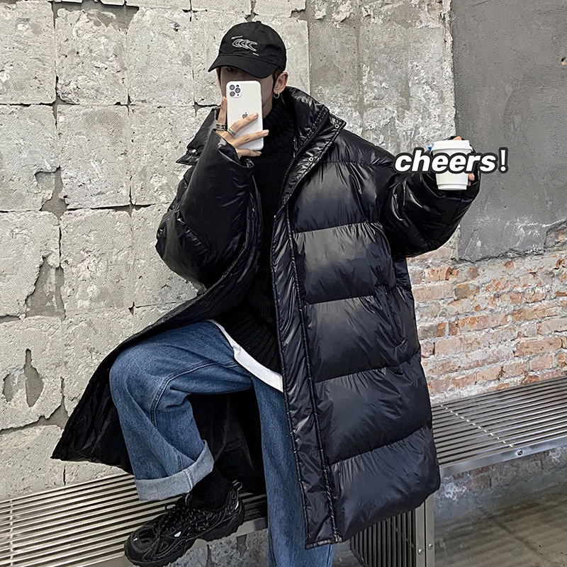 

Men's Winter Thiened down Cotton Jaet Long Hooded Bread Sle American High Street Casual Warm Coat Youth ular Faion