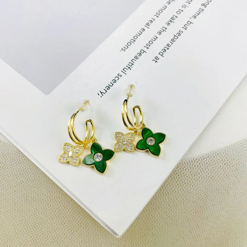Trendy Rhinestone Four Petal Flower Earring For Women Fashion Crystal Green Plant Dangle Earrings Luxury Female Jewelry Gifts