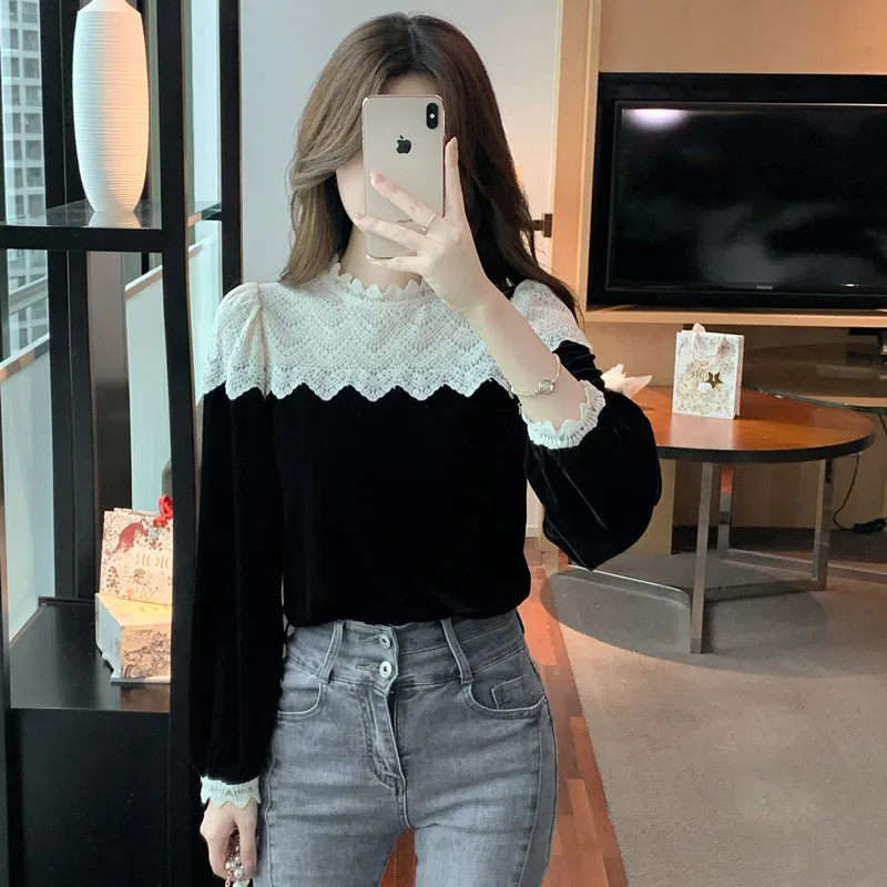 Stand Collar O Neck Lace Crochet Black Velvet Shirt Women Blusa Mujer Tops Chic Elegant Blouse for Women Clothes