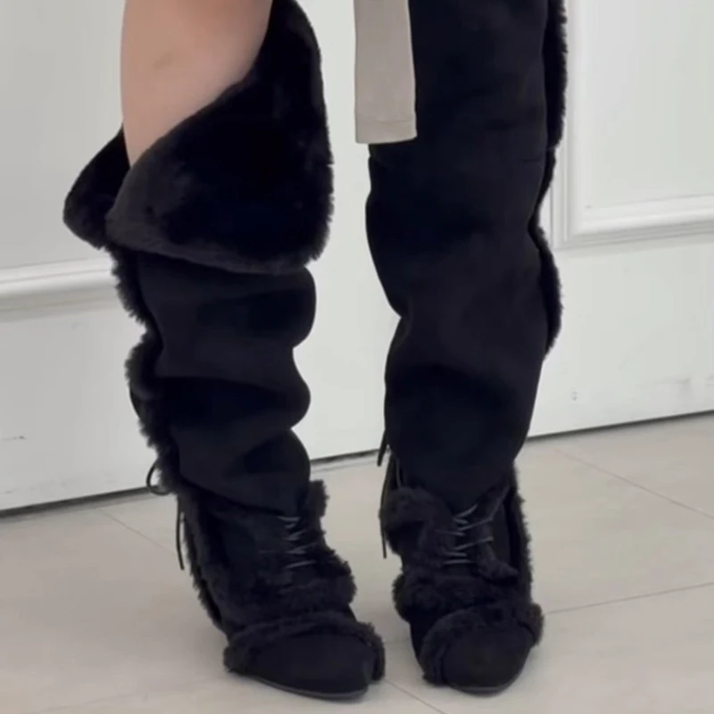 

Зимняя обувь, женские зимние пушистые сапоги до колена из искусственного меха, женские зимние сапоги на танкетке и платформе, роскошная обувь, сапоги из нечеткого меха для девочек