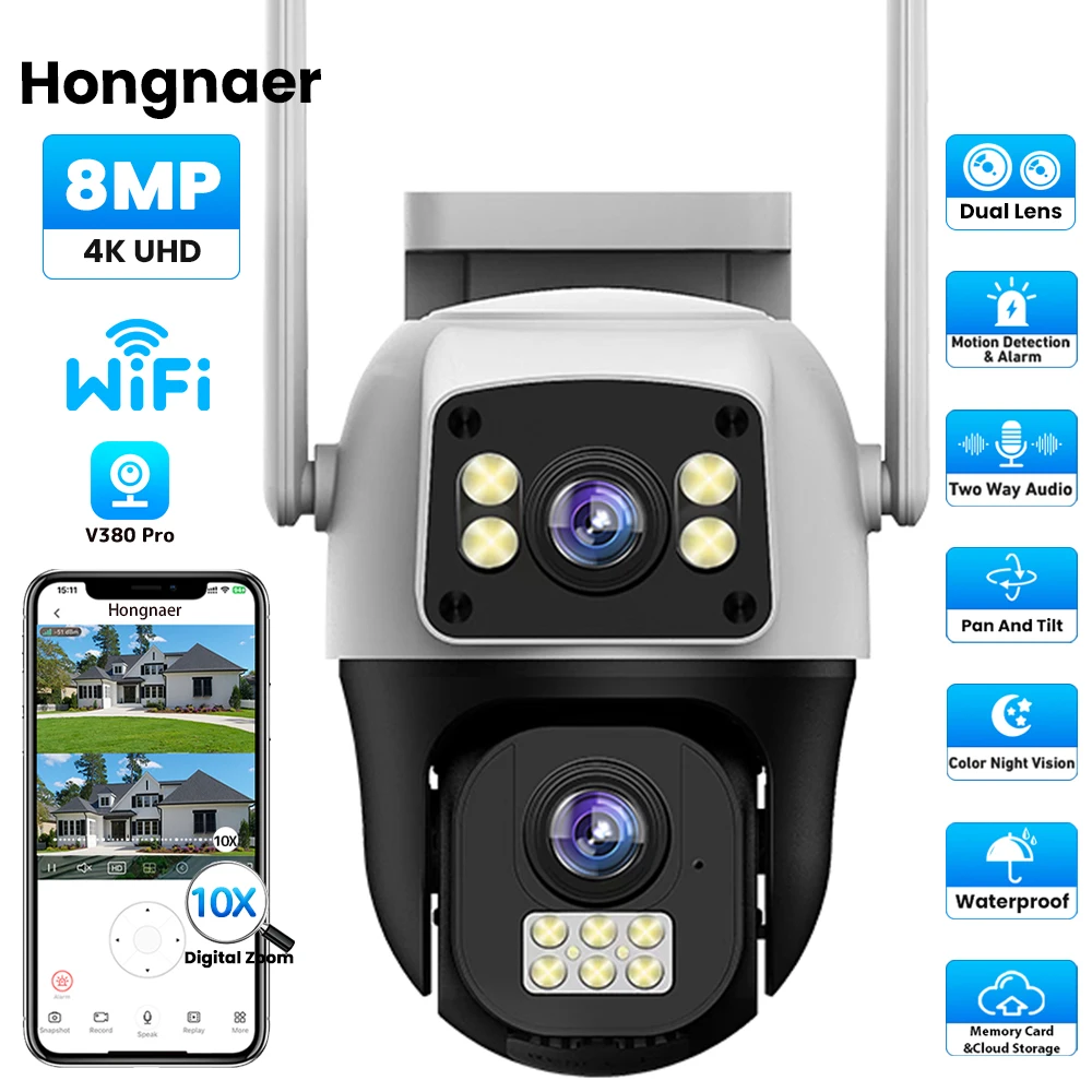 

Hongnaer 8MP Dual Lens V380 Pro 4K Night Vision Smart CCTV PTZ IP Wireless WiFi Home CCTV Network Security Outdoor Camera