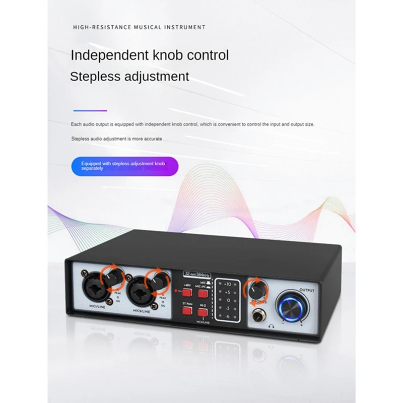 2 in 2 Out USB 오디오 인터페이스 스튜디오 키트, 레코드 전문 사운드 카드, 48V 팬텀 쉬운 설치, 32 비트, 384kHz