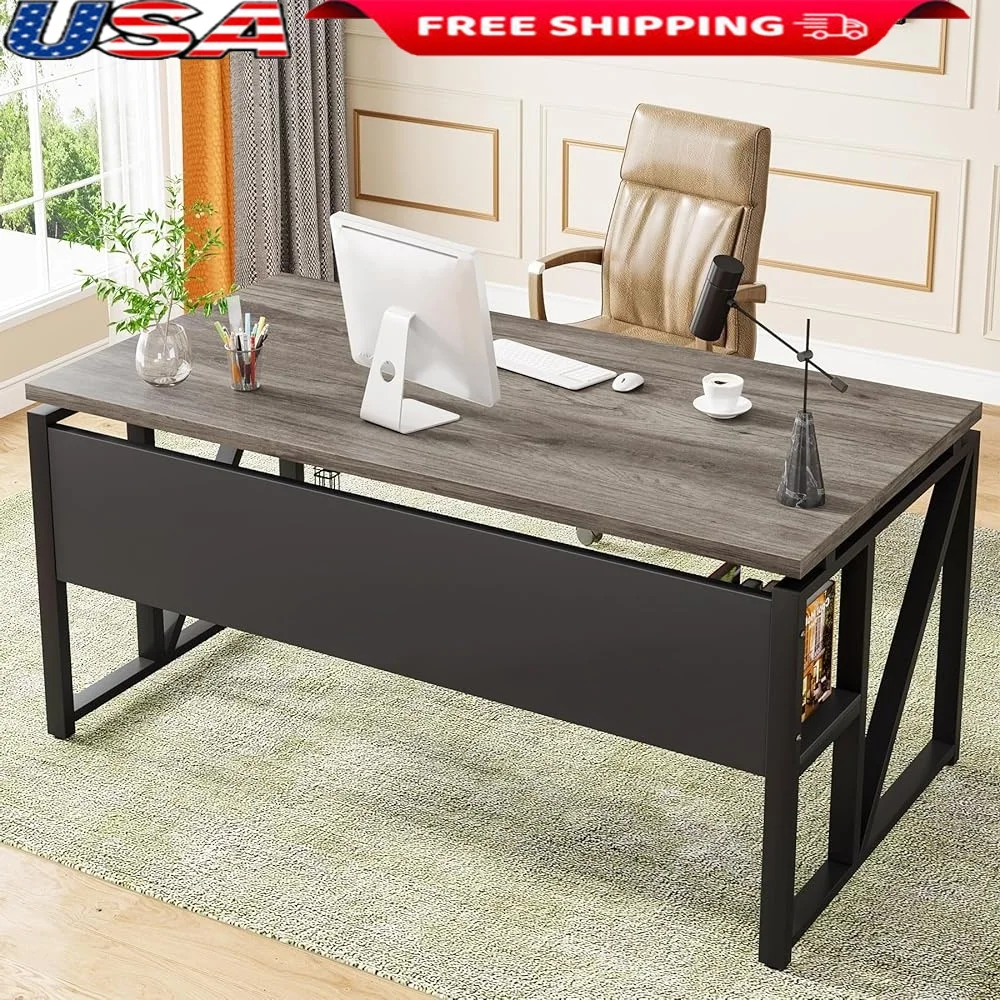 

55-дюймовый компьютерный стол с полкой для хранения, прочный стальной каркас, простая сборка, рабочая станция в винтажном стиле, домашний офис