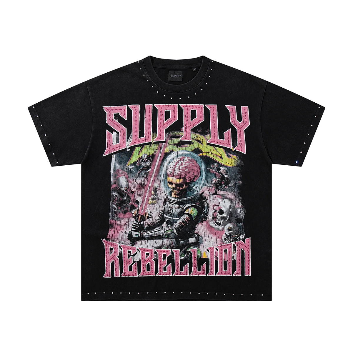 Supply Skull Robert Rhinestone Washed Short Sleeve Tshirts for Men and Women Crew Neck Loose Cotton Top Tees Oversized