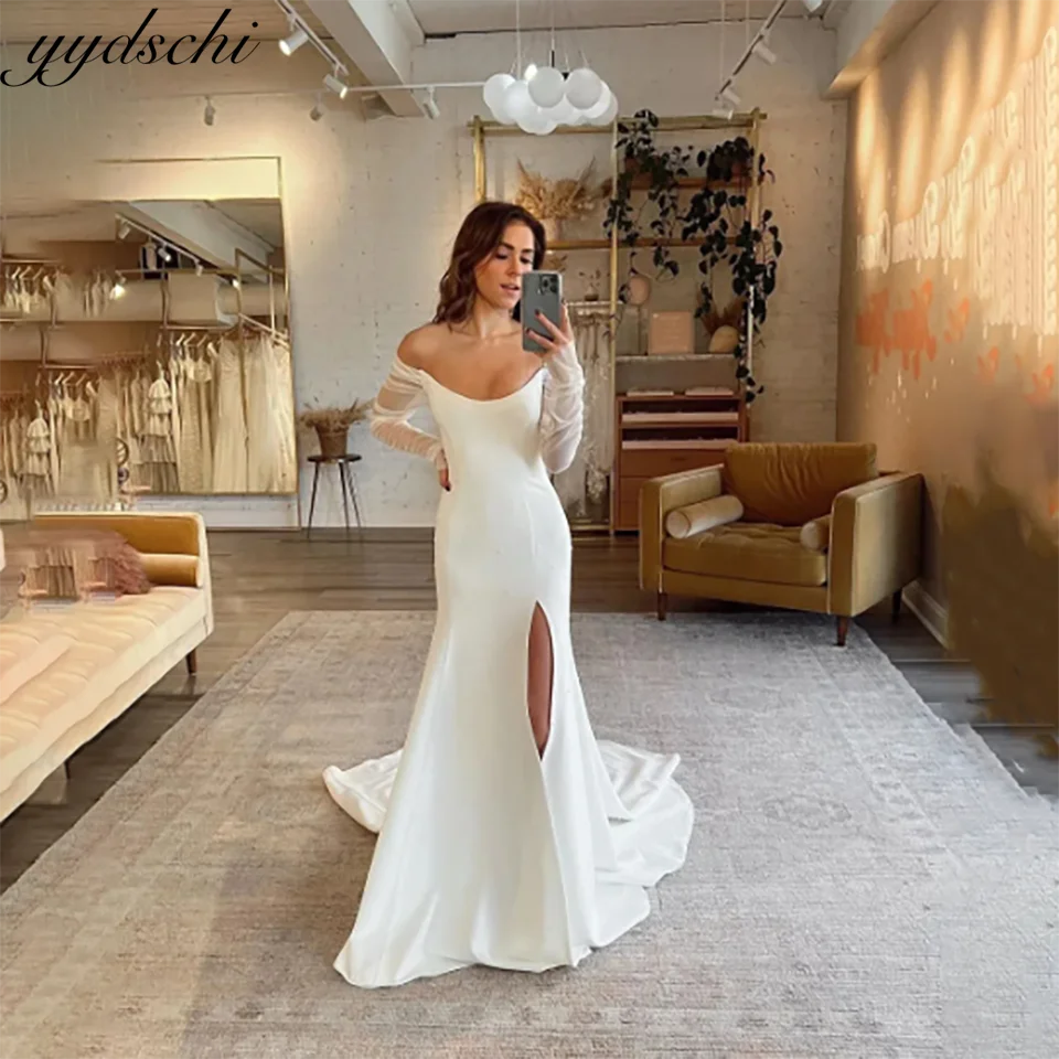 

Charming Off The Shoulder Long Sleeves Evening Gala Wedding Dresses 2024 Backless Court Train Satin Tulle Bridal Gowns For Women