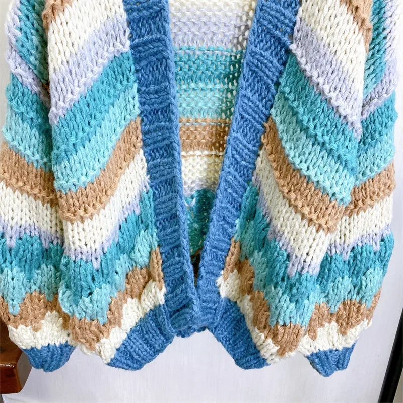 Women Striped Color-block Handmade Chunky Cardigan 2023 Autumn Winter Knit Top Women Clothes