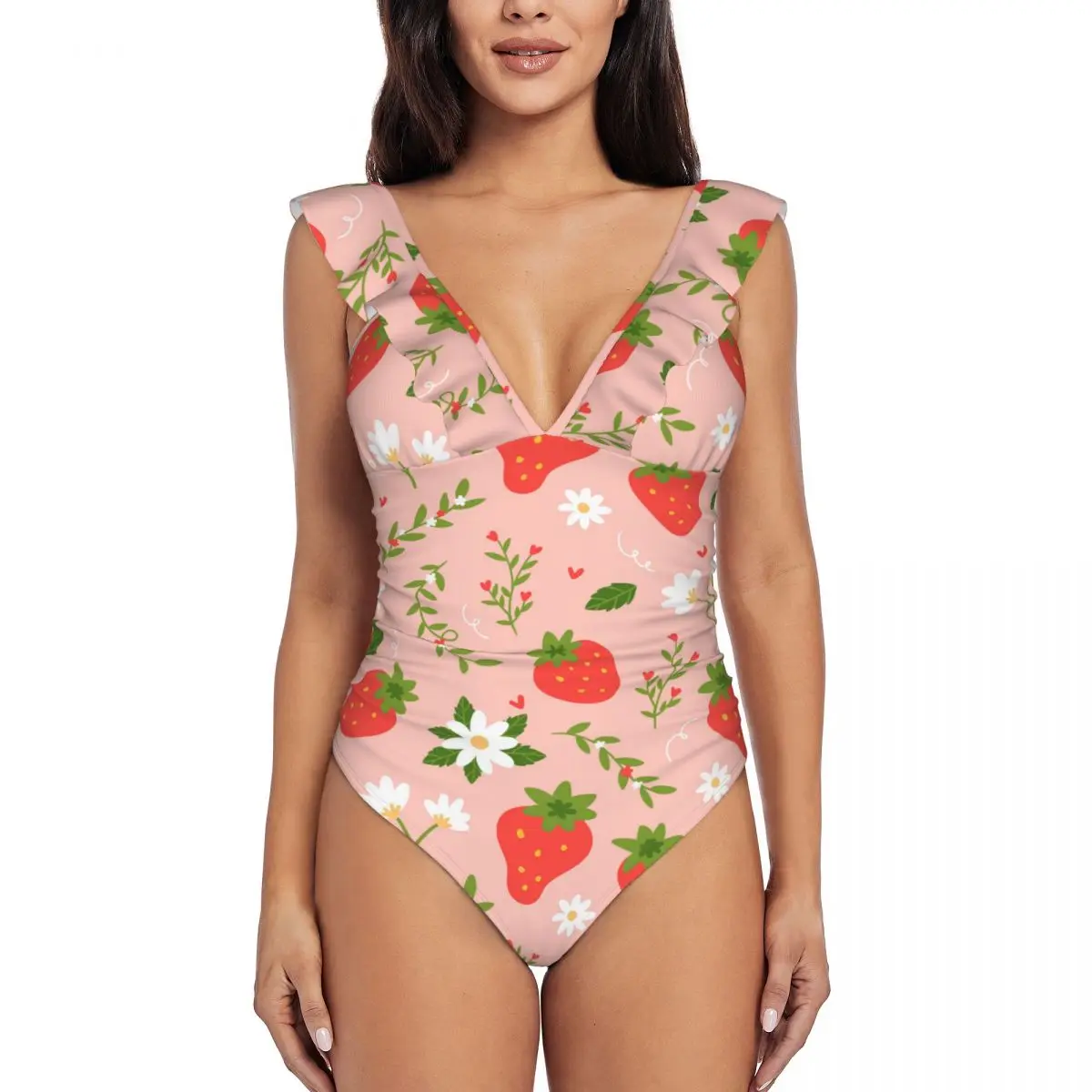 

Swimwear Women One Piece Swimsuit Strawberries Swimming Bikinis Push Up Monokini Sexy Ruffle Bathing Suit