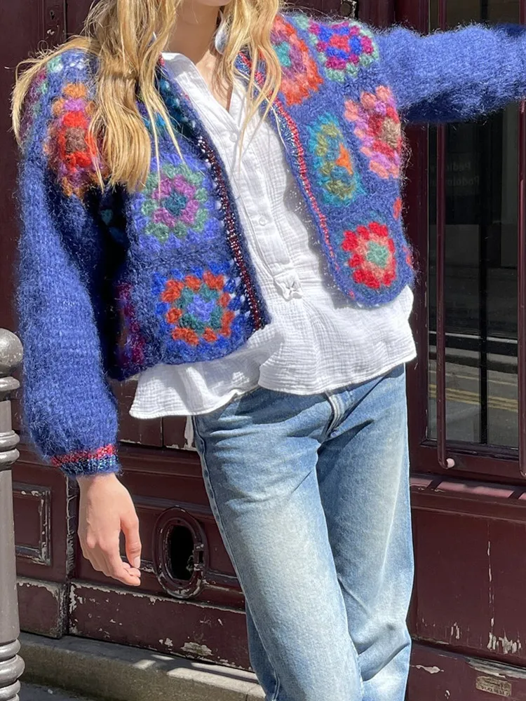 BOHO Colored Plaid Flower Hand Crochet Cardigan Vintage Woman O neck Long sleeve Open Stitching Sweater Knitwear Jumper