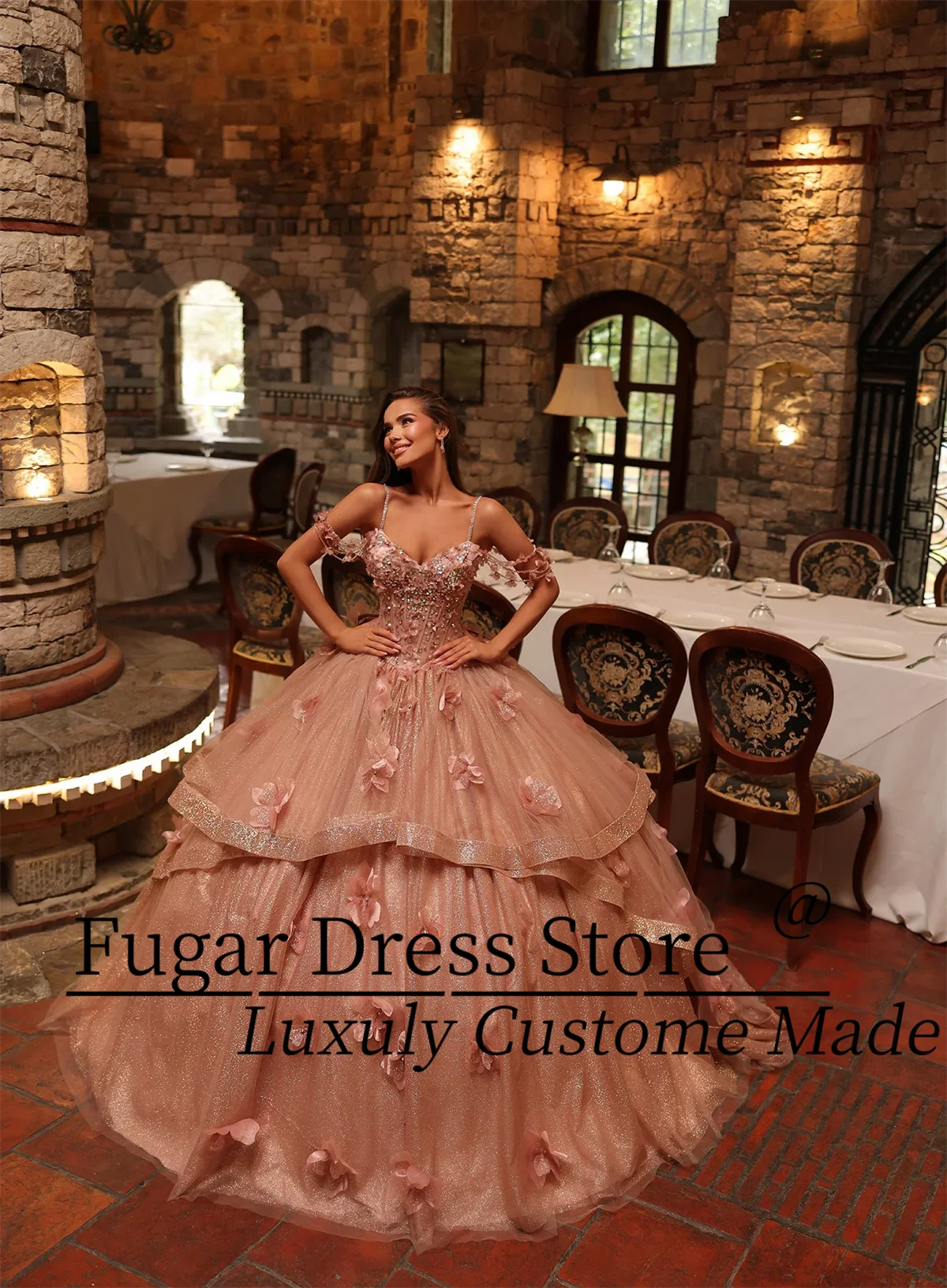 Rose Gold Quinceanera Dresses Fashion Off Shoulder 3D flower decal Fine stone decorated thin shoulder straps vestidos para niñas