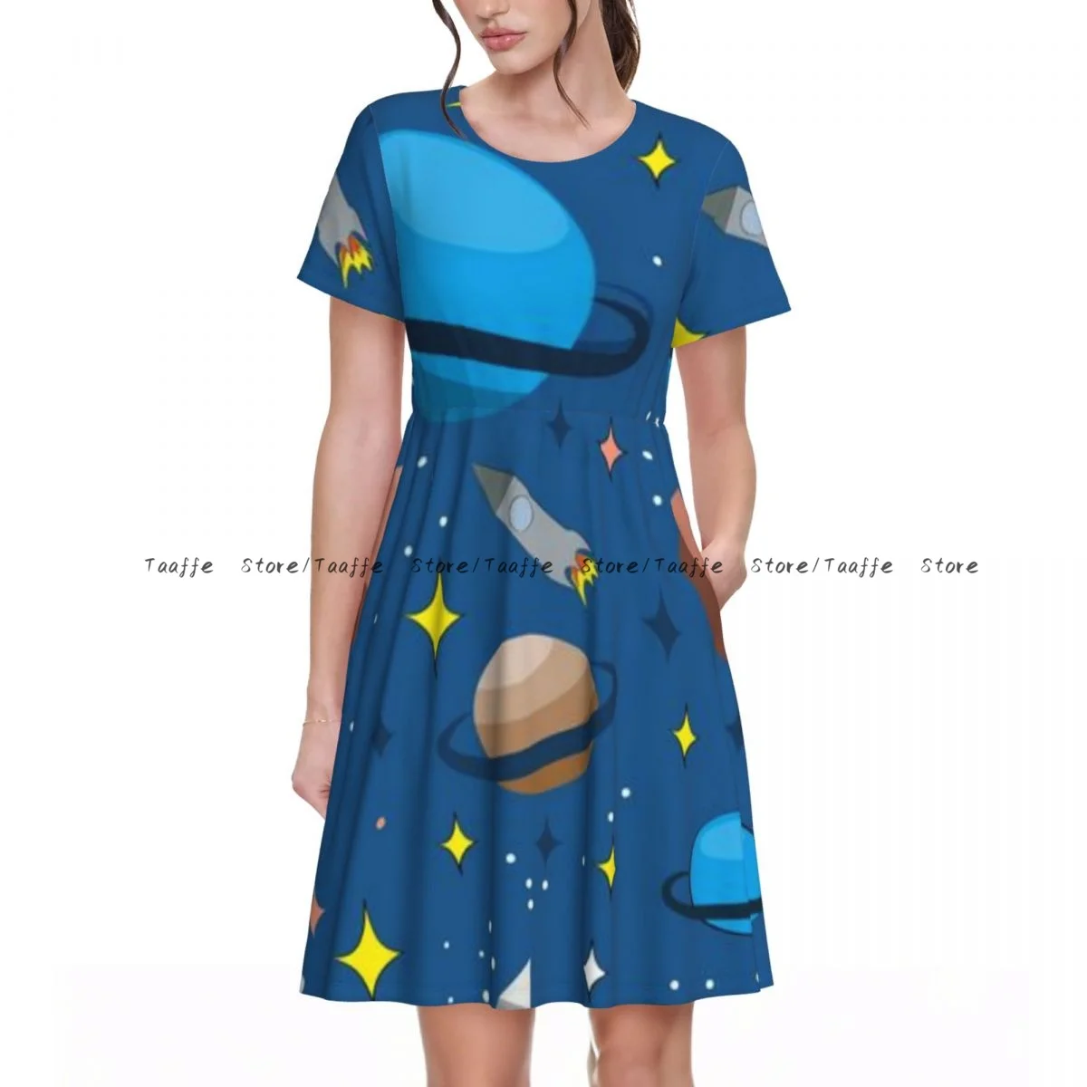 Sommerkleid für Damen mit kurzen Ärmeln und Rundhalsausschnitt, Motiv: Weltraum, Raketen, Planeten und Sterne, Freizeitkleid