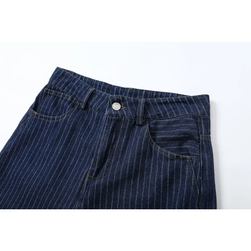 Women's Blue Striped Denim Pant Sets Cowgirls 2 Piece Set Double-breasted Striped Denim Jacket Matching Tonal Straight Leg Jeans view 5
