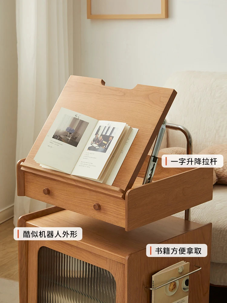 Furniture solid wood robot side cabinet, natural wood living room storage, small cart, cherry wood movable