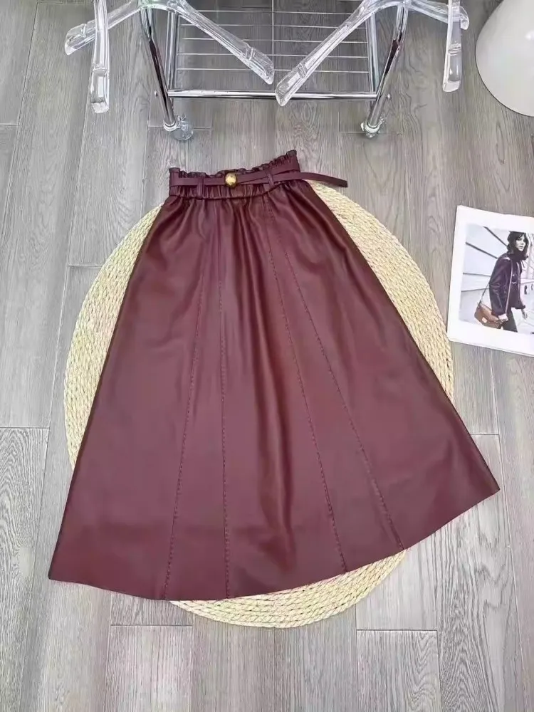 تنانير أنيقة من الجلد الطبيعي وشاحات عالية الخصر حزام منتصف العجل مكتب سيدة تنورة طويلة عالية الجودة جلد الغنم الطبيعي