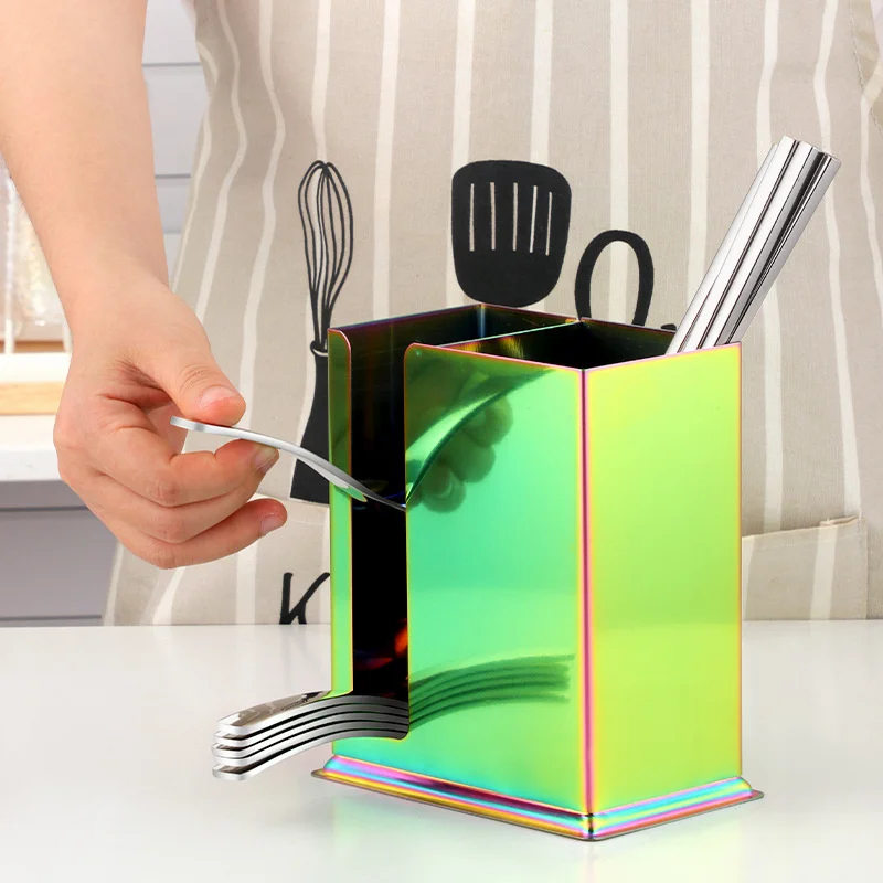 

Kitchen Household Stainless Steel Tableware Divider Bucket Gold Chopsticks Tube Double-Lattice Chopsticks Spoon Storage Cage