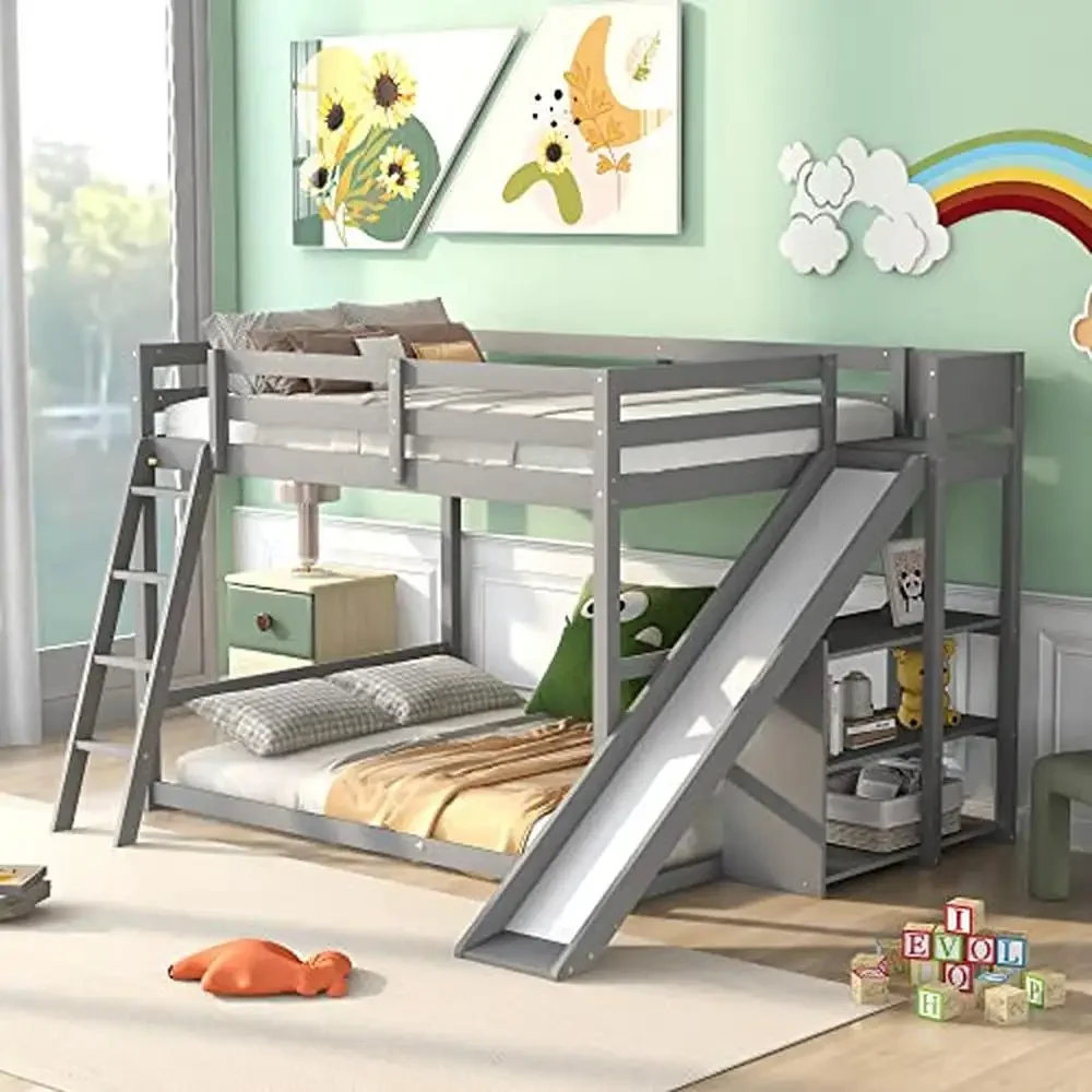 Wooden Full over Full Bunk Bed High Guardrail Inclined Ladder Slide Buffer Sturdy White Space-saving Design 95.5