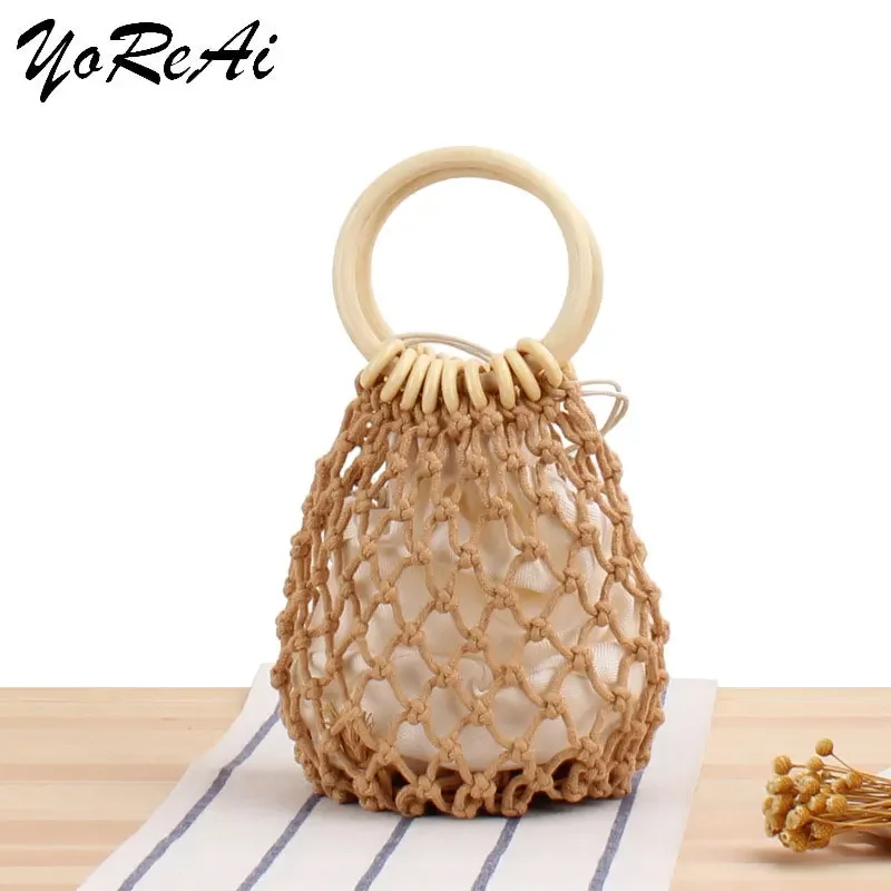 YoReAi Bucket PU Soft Paper Rope Summer Beach Handmade Crossbody Bags Women Hollow Small Straw Bags Lady Travel Handbags