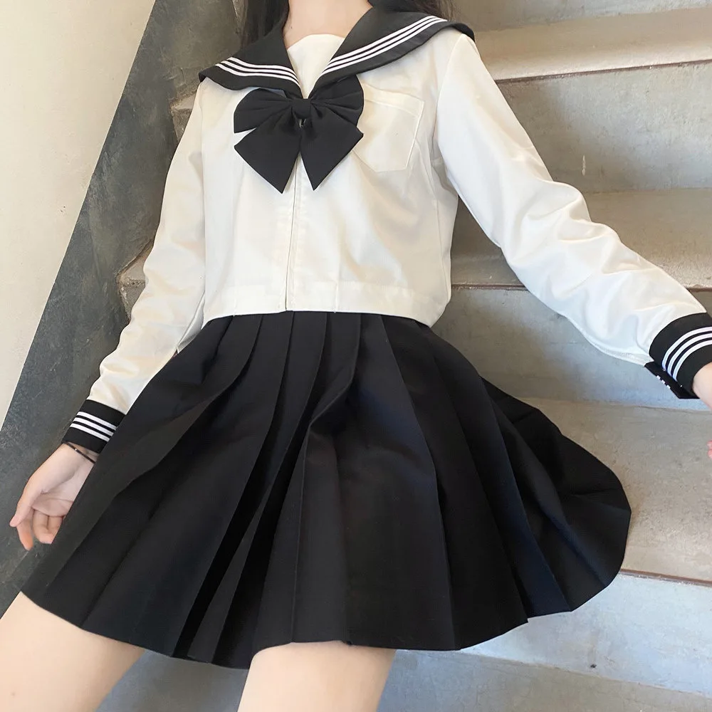 Uniforme escolar japonês para meninas, terno Jk tamanho grande, gravata preta, uniforme básico de marinheiro branco três para mulheres, terno de manga comprida