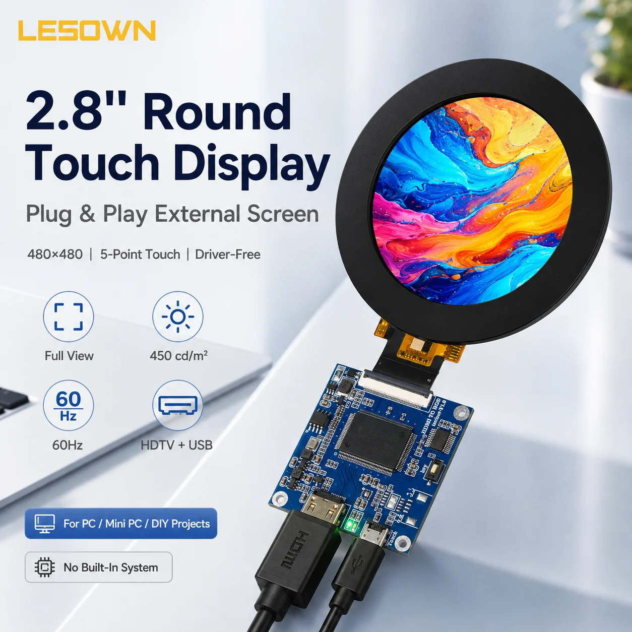 LESOWN 2.8" 480x480 Touch Display Module 1:1 Aspect Ratio miniHDTV Board Zero Setup Panel for Custom Dashboard