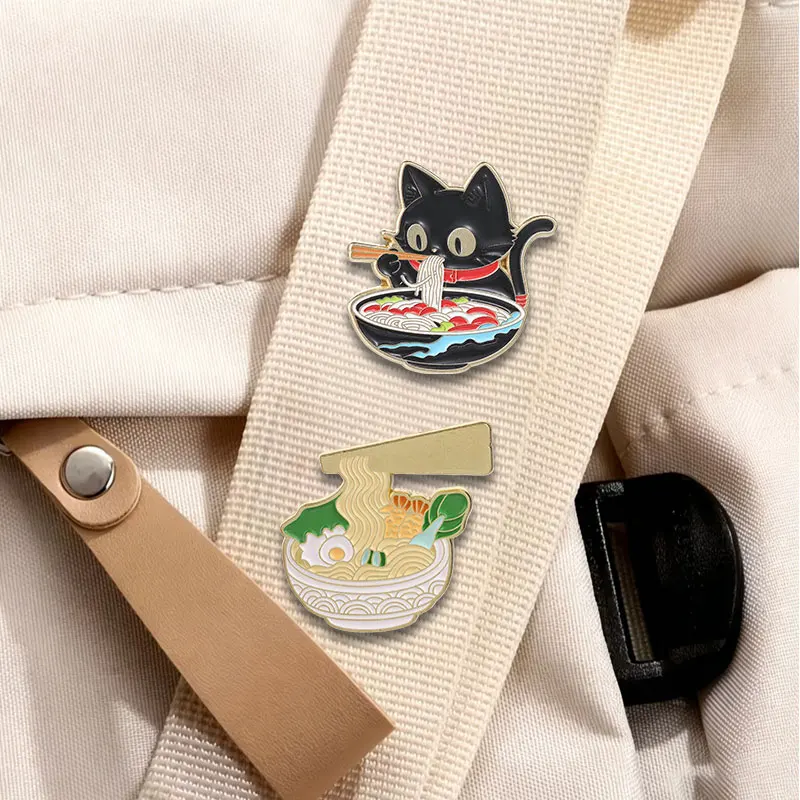 Anime Black Cat Eating Ramen Enamel Pin Japanese Comic Ramen Noodle Bowl Cat Brooch Bags Clothes Badge Jewelry Gifts for Friends