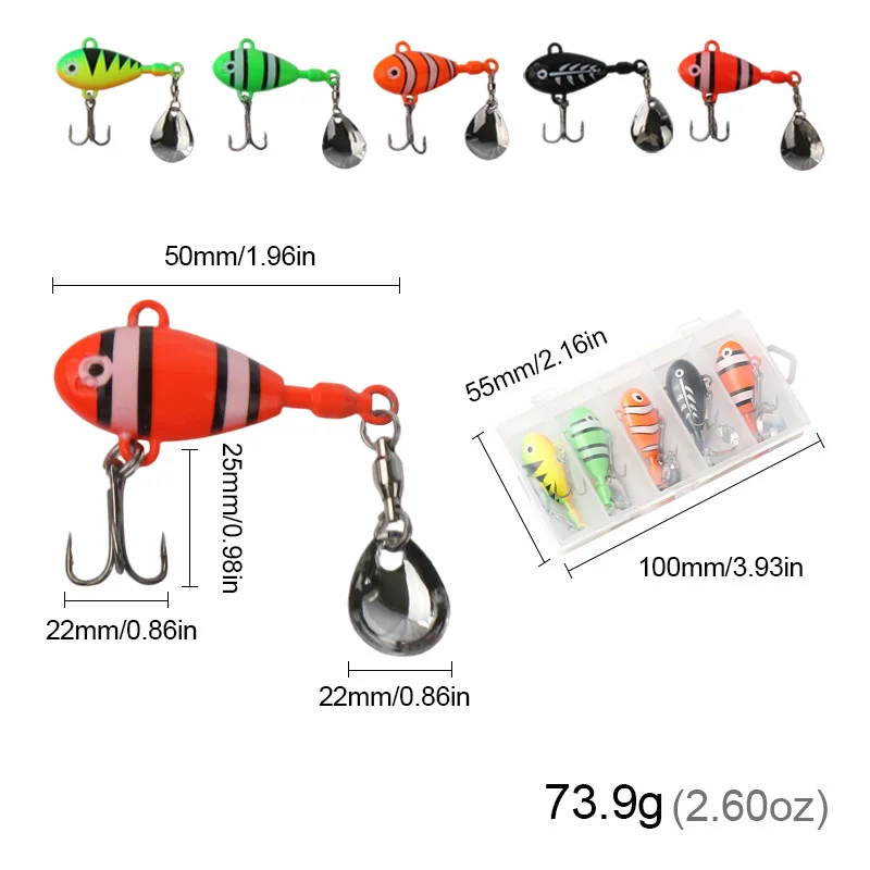 5 قطعة/صندوق طعم صيد السمك المعدني Vib مع ملعقة ترتر لصيد سمك السلمون المرقط يطير البناء المعدني المتين مناسب لأسماك المياه العذبة