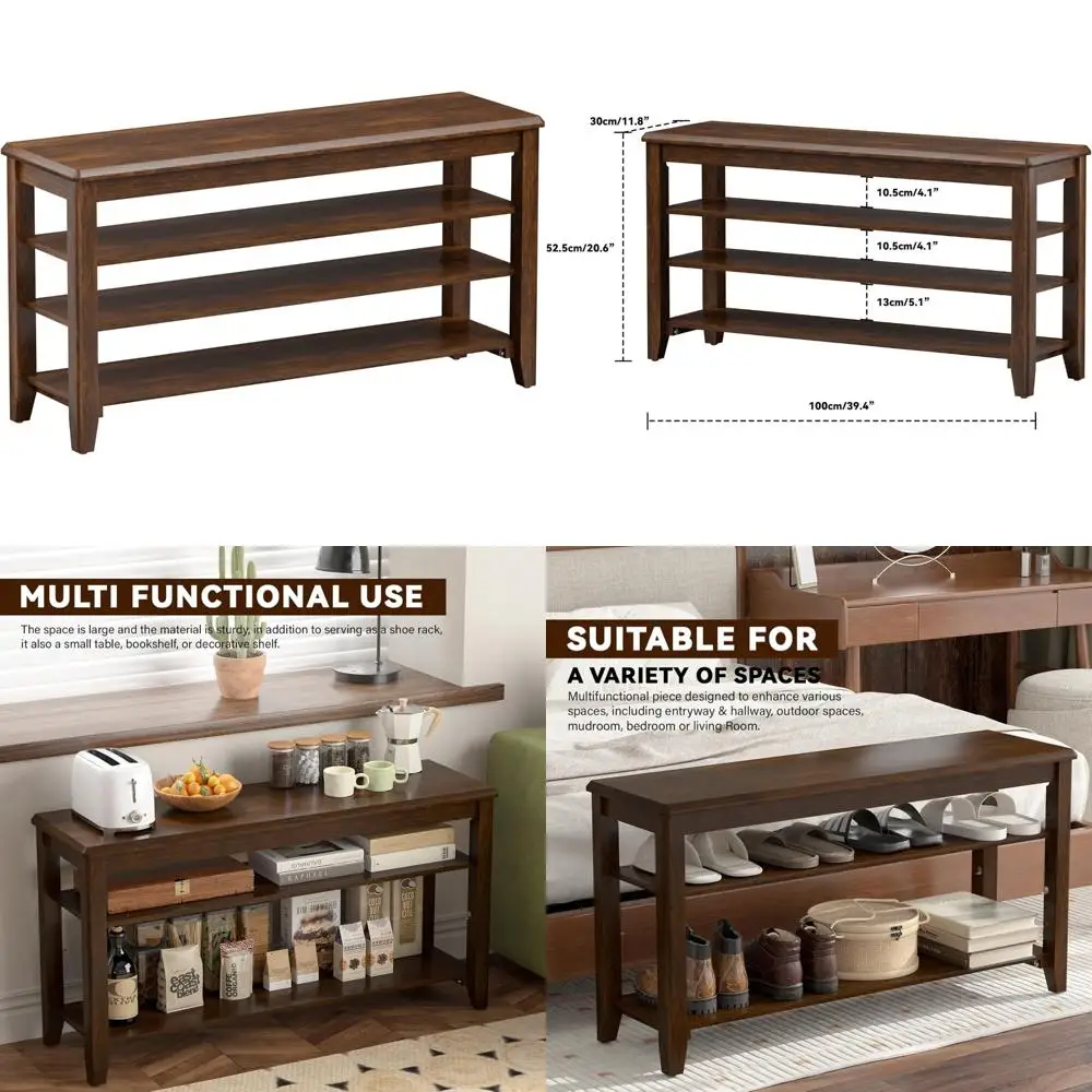 

Rubberwood Shoe Storage Bench with Adjustable 3-Tier Shelves for Entryway and Hallway Organization
