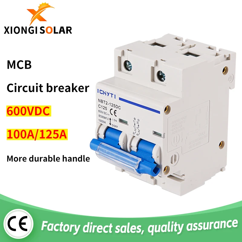 XIONGISOLAR NBT2-125DC 2P PV Din Rail DC 600V 80A/100A/125A 10kA C Curve Solar Switch Mini Circuit Breaker MCB