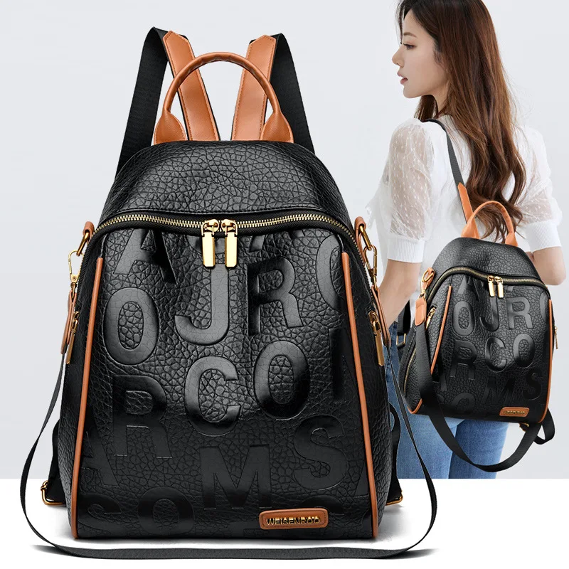 

Women's backpack 2024 new embossed letter contrasting backpack commuting fashion casual soft leather backpack school bag mochila