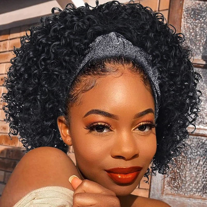 Diadema rizada peluca de cabello humano ondulado pelucas rizadas brasileñas con banda para la cabeza pelucas hechas a máquina 180% de densidad Color negro Natural