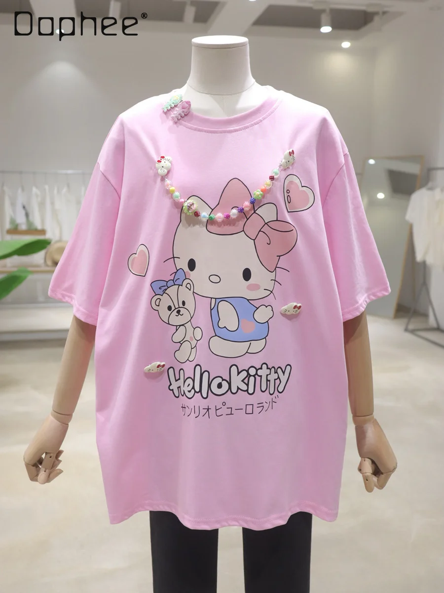 

Exquisite Pendant Cartoon Cat Print T-shirt 2025 Summer Loose and Thin Medium and Long Cotton Short-sleeved T-shirt Women