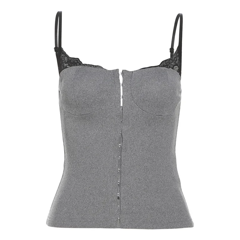 Camisola calada de Encaje Vintage urbana para mujer, Tops nuevos de verano 2025, camiseta sin mangas gris con espalda descubierta ajustada Sexy Y2k