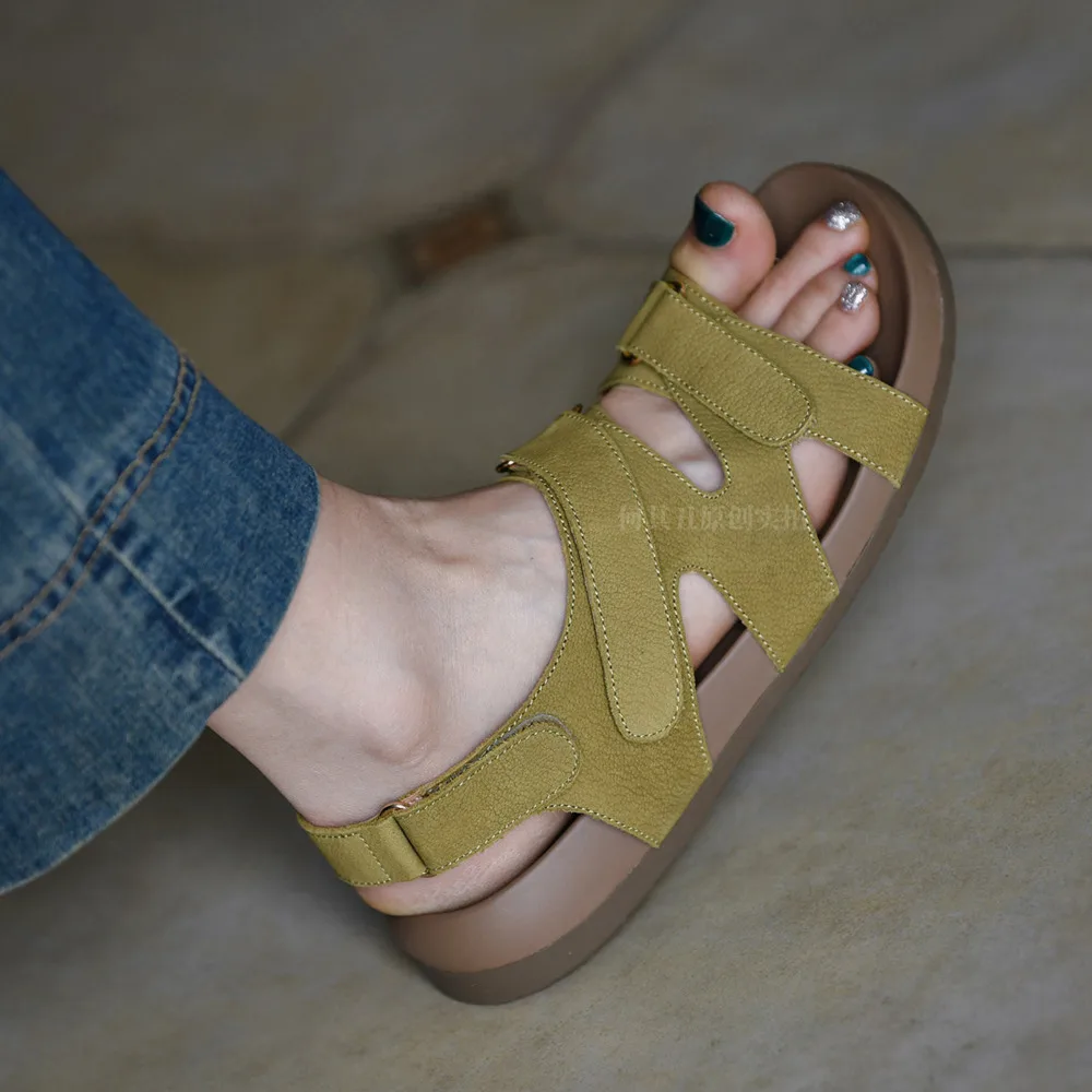 Sandalias de plataforma de cuero genuino color mostaza para mujer, con correa ajustable con gancho y bucle, punta cerrada, antideslizantes, cómodas, zapatos de verano