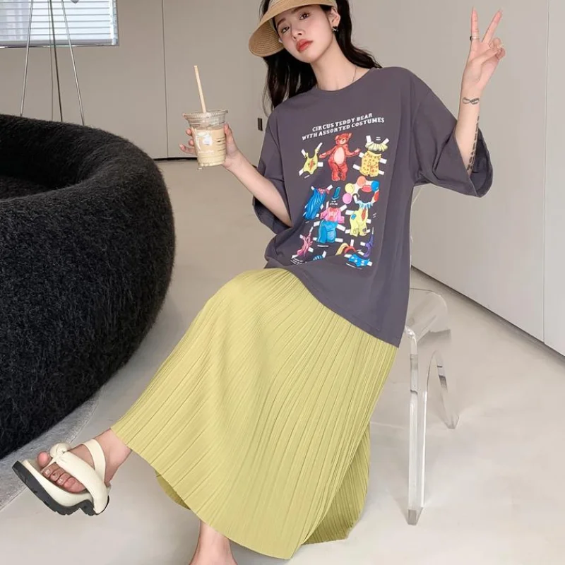 2024 wiosna lato luźne Plus Size plisowane sukienki kobieta Patchwork Lady T-Shirt z nadrukiem sukienka suknia damska ubrania KE6718