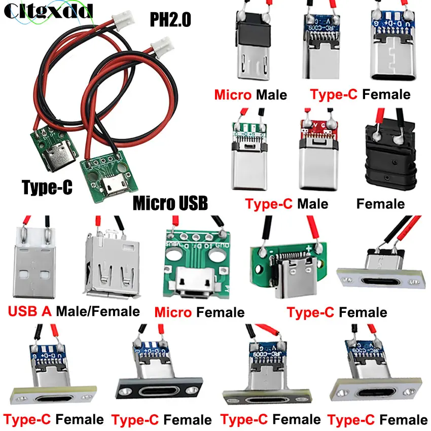 

USB Adapter Cable PH2.0 2Pin Terminal Lead Wires To Micro V8 Port Type-C USB 2.0 A Male Female Socket Connector Charging Board