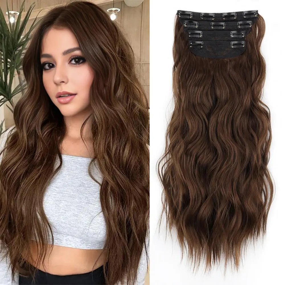 55cm Women Clip-in Hair Extension Wigs Natural Looking Long Curly Synthetic Hairpiece High Temperature Wire Wavy Hair Accessory