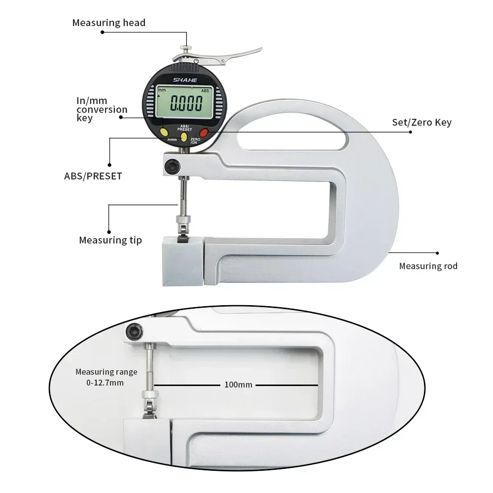 SHAHE 0-12.7mm Digital Thickness Gauge With Roller Insert Measuring Tool 0.001mm Thickness Gauge