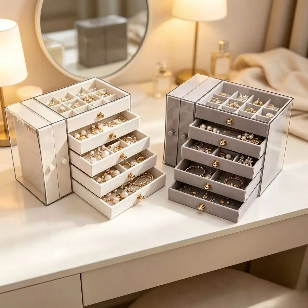 Jewelry Storage Box Acrylic Dustproof Multi Layer Drawer Velvet Lining Desktop Jewelry Organizer Earring Necklace Ring Bracelet