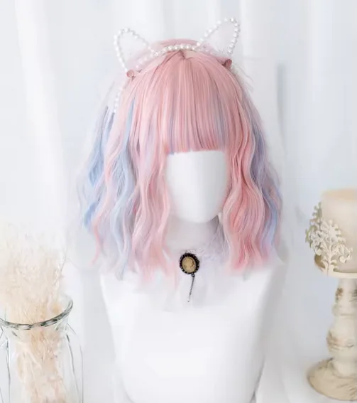 12Inch Blue Pink Double Color Synthetic Wigs With Bang Short Natural Wavy Hair Wig for Women Daily Use Cosplay Heat Resistant