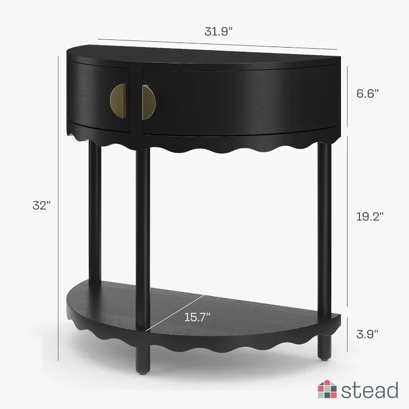 HOME.Scalloped Skirt Half Moon Console Table  Living Room Furniture - Solid Wood Entryway Table with Two Doors (Blackened Oak)