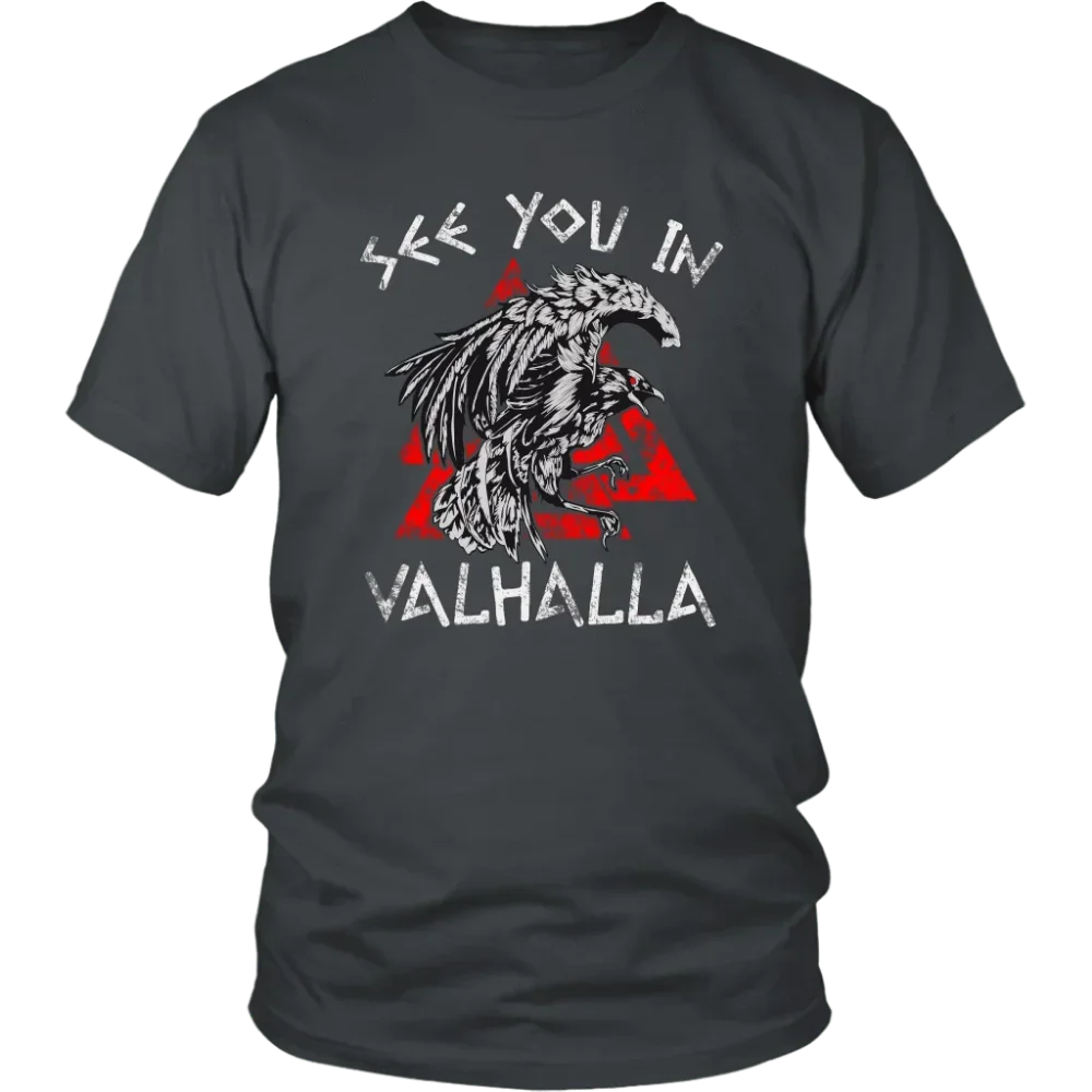 Odin Raven Valknut Rune See You In Valhalla  Sayings T-Shirt 100% Cotton O-Neck Short Sleeve Casual Mens Tshirt Size S-3XL