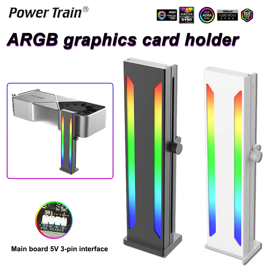 Power Train 5V 3PIN ARGB Graphics Card Bracket Vertical AURA SYNC 40 Series GPU Holder Magnetic Suction Base