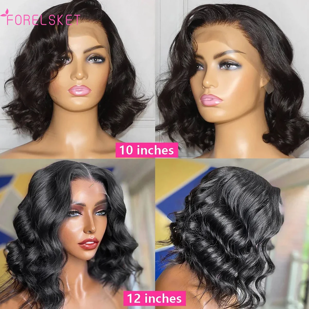 Perruque Bob Lace Wig Body Wave Brésilienne Naturelle, Cheveux Vierges, 13x4, Pre-Plucked, Densité 180%, Partie Latérale, pour Femme Africaine