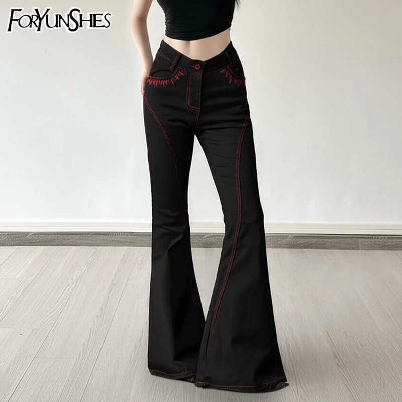 

Women's Black Gothic Flare Denim Pants Low Waist Slim Fit Punk Jeans 2000s Style Y2k Emo Vintage Clothes 2025 Summer Bottoms