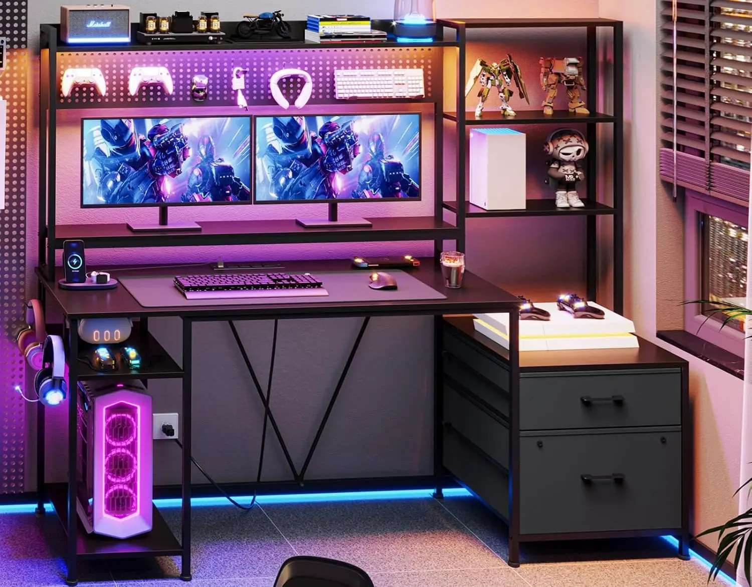 65in Reversible Gaming Desk with Hutch Power Outlets LED Light Monitor Stand 2 Drawers 4 Shelves Pegboard 8 Hooks, Customized