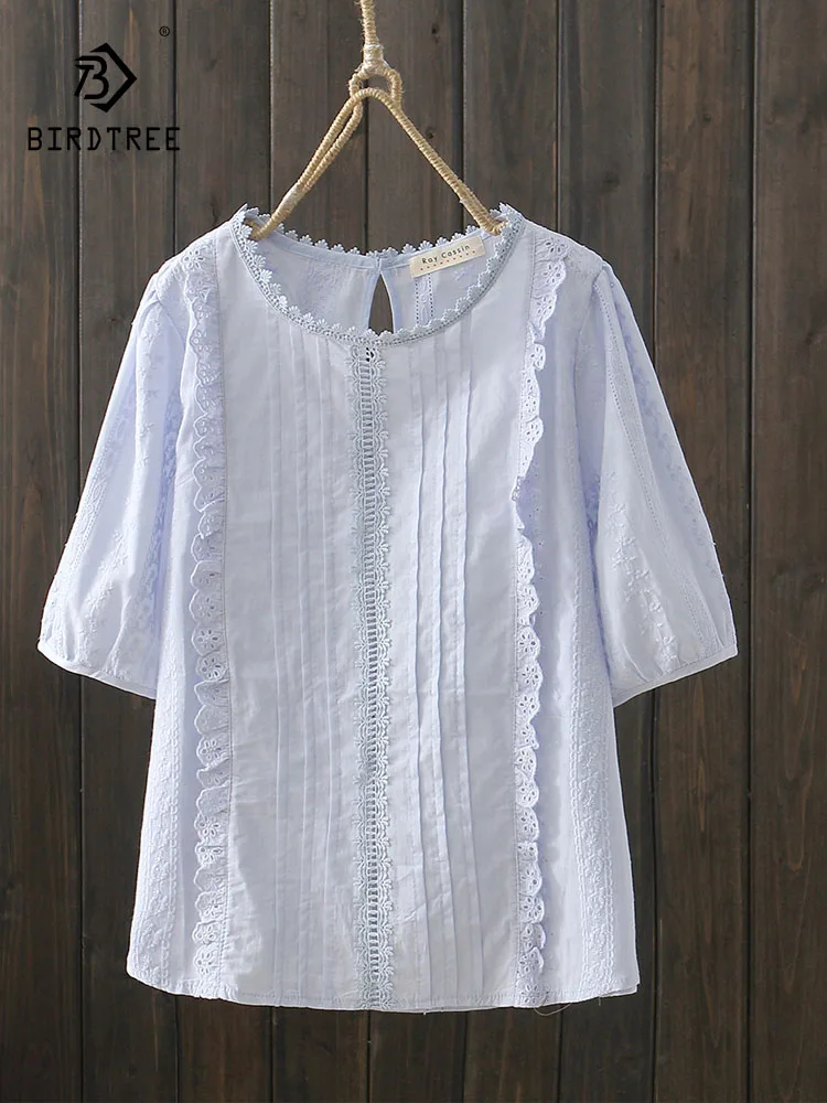 

Новинка 2026, весенняя хлопковая рубашка с коротким рукавом, женская свободная блузка с круглым вырезом и вышивкой, Mori Girl в стиле ретро, уменьшающая возраст T5D552CC